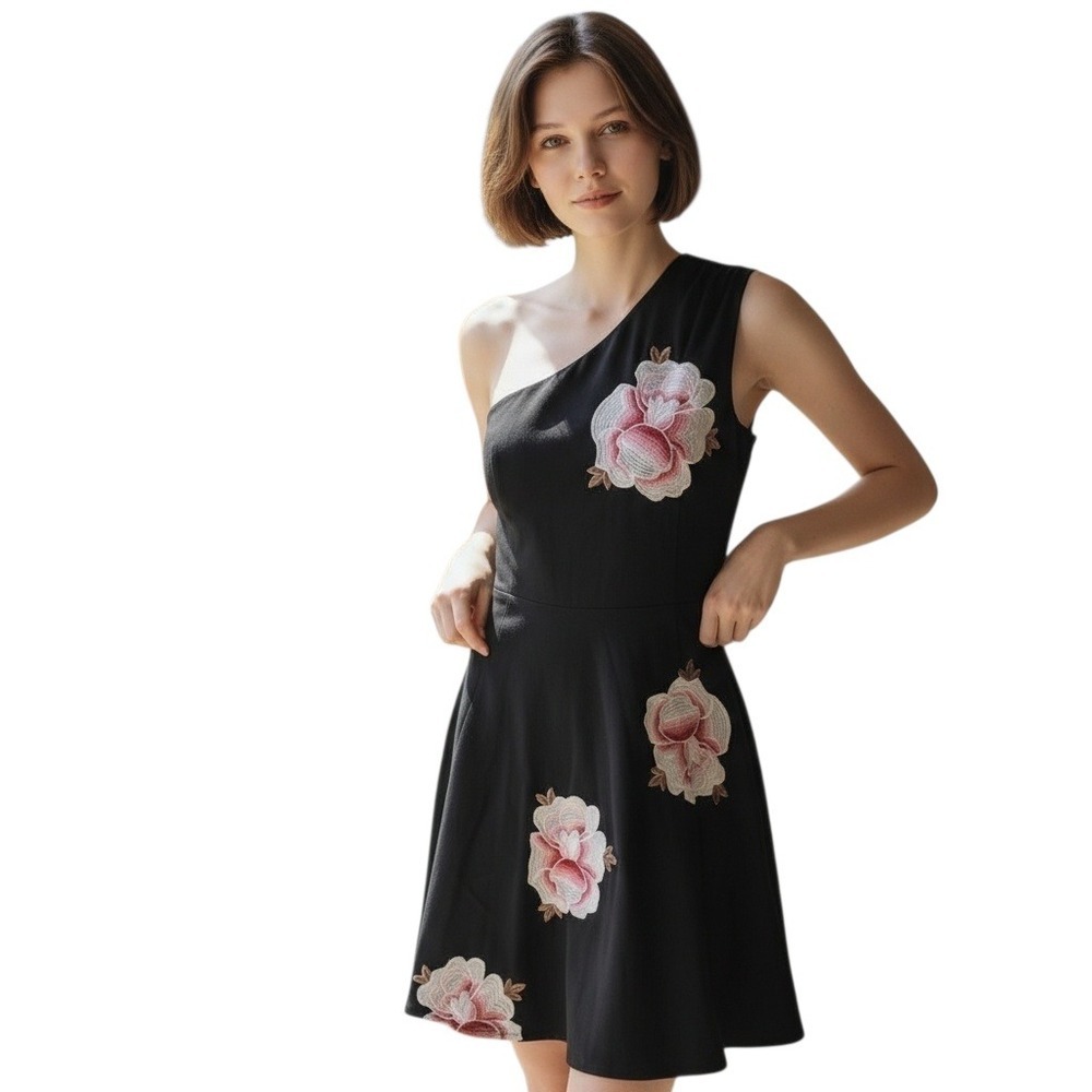 2 for $15 One Shoulder Dress M Black Pink Flowers Cocktail Garden Chic Coquette